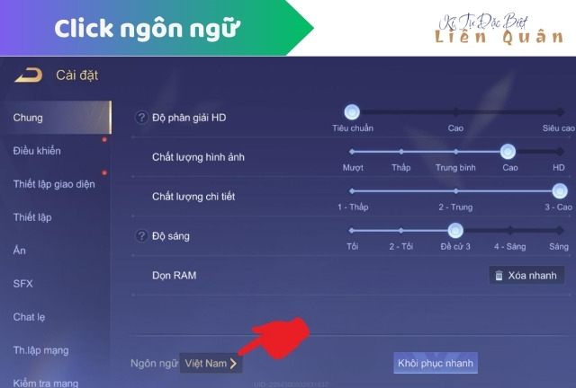cách đổi ngôn ngữ trong Liên Quân
